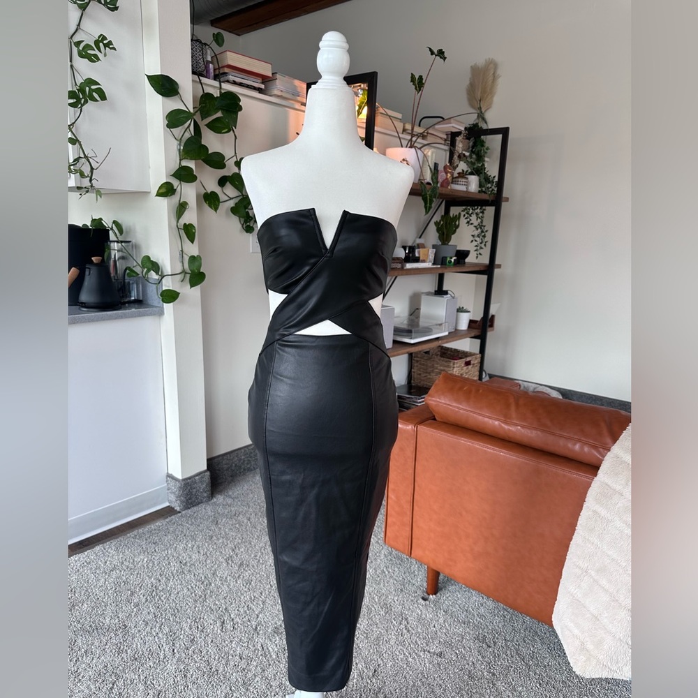 Meshki Faux Leather Cut Out Midi Dress - Black